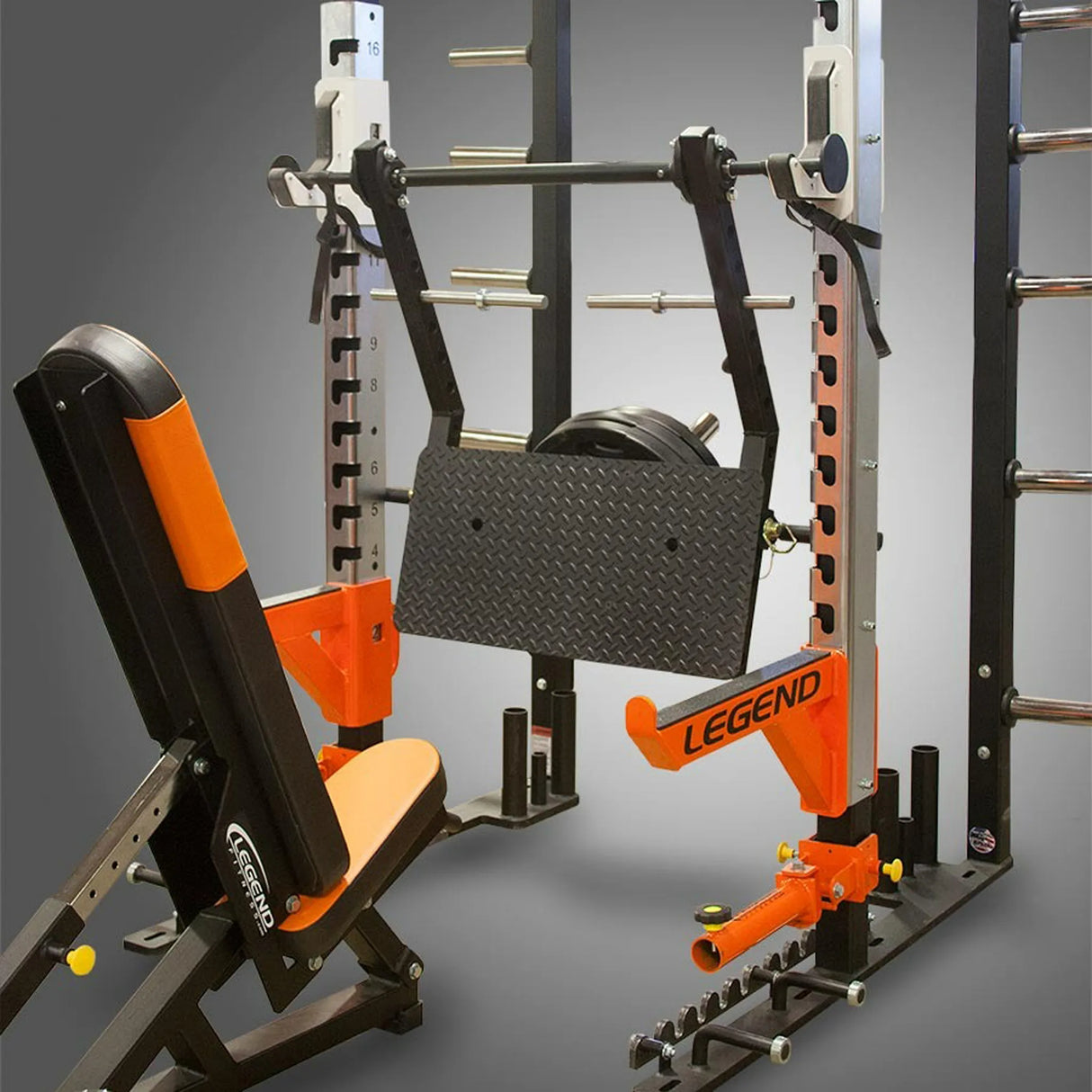 Legend Fitness Stealth Leg Press mounted on a Legend Fitness squat rack