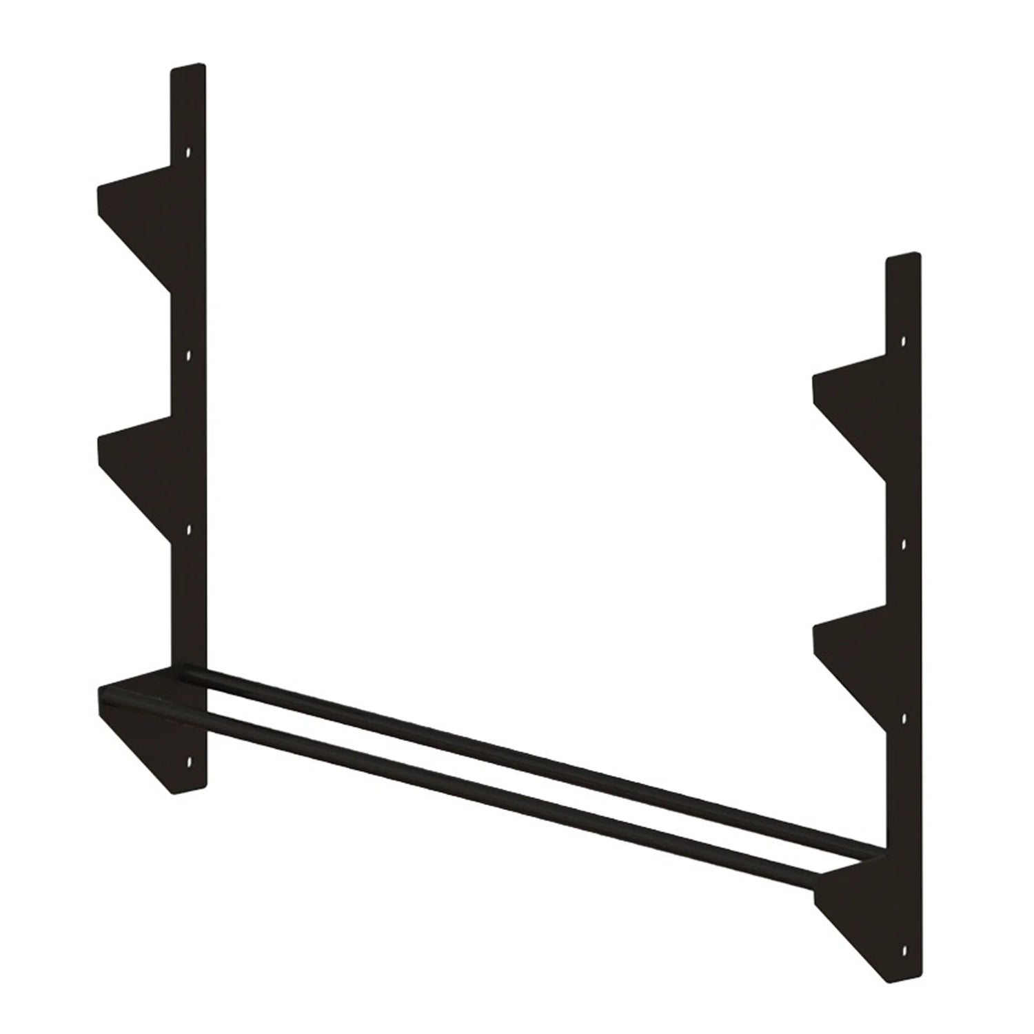 A black metal storage rack spanning between two vertical mounts