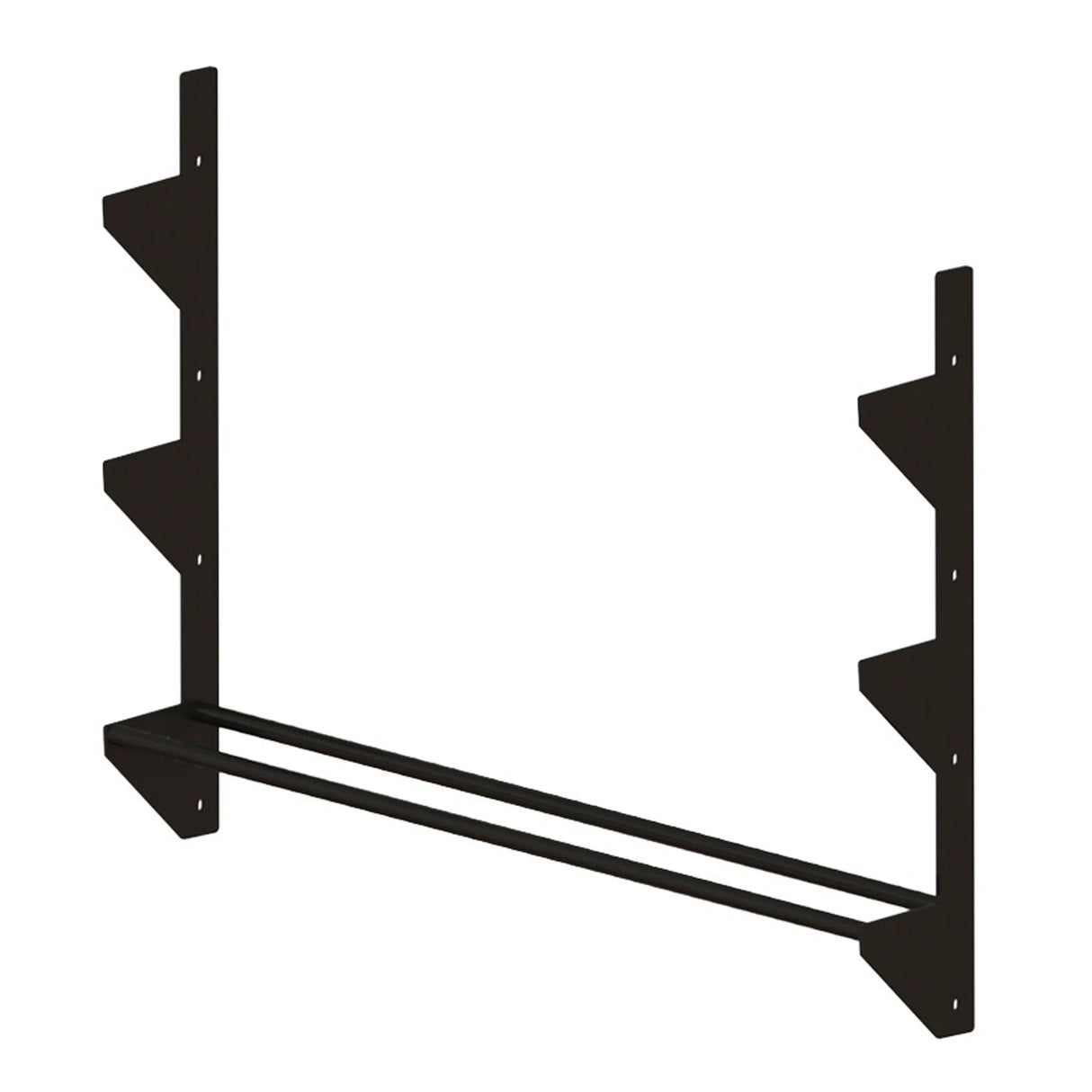 A black metal storage rack spanning between two vertical mounts