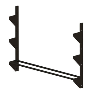 A black metal storage rack spanning between two vertical mounts