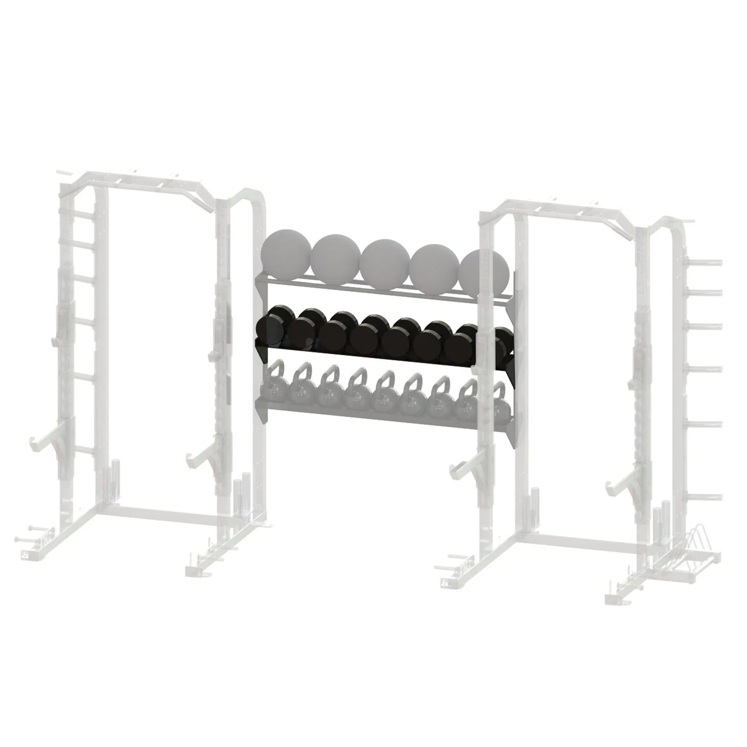 Black metal storage racks spanning between two grayed out squat racks on a white background