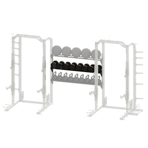 Black metal storage racks spanning between two grayed out squat racks on a white background