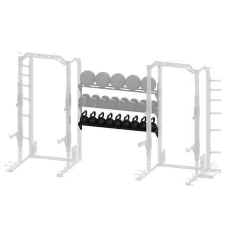 Black metal storage racks spanning between two grayed out squat racks on a white background