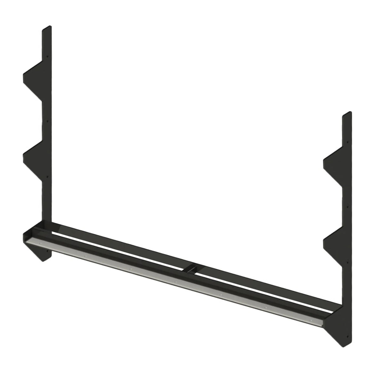 A black metal storage rack spanning between two vertical mounts