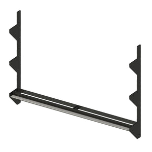 A black metal storage rack spanning between two vertical mounts