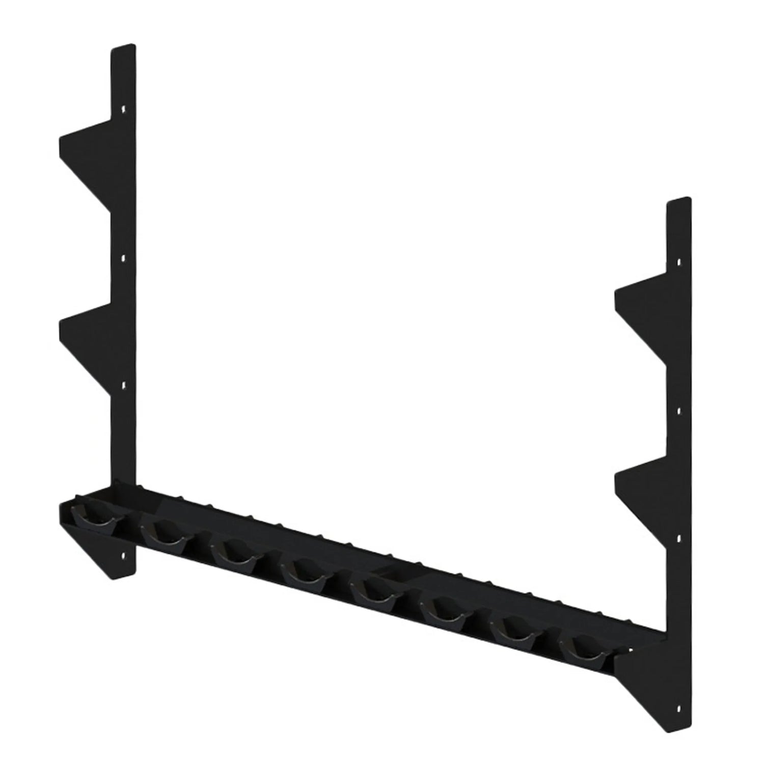 A black metal storage rack spanning between two vertical mounts
