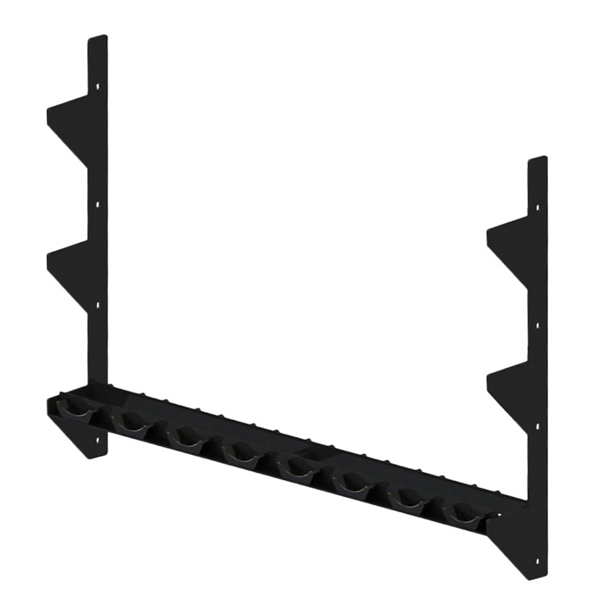 A black metal storage rack spanning between two vertical mounts
