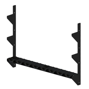 A black metal storage rack spanning between two vertical mounts