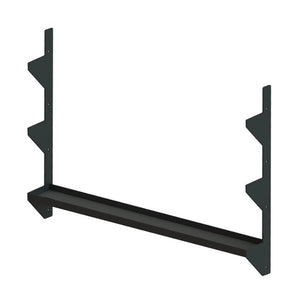 A black metal storage rack spanning between two vertical mounts