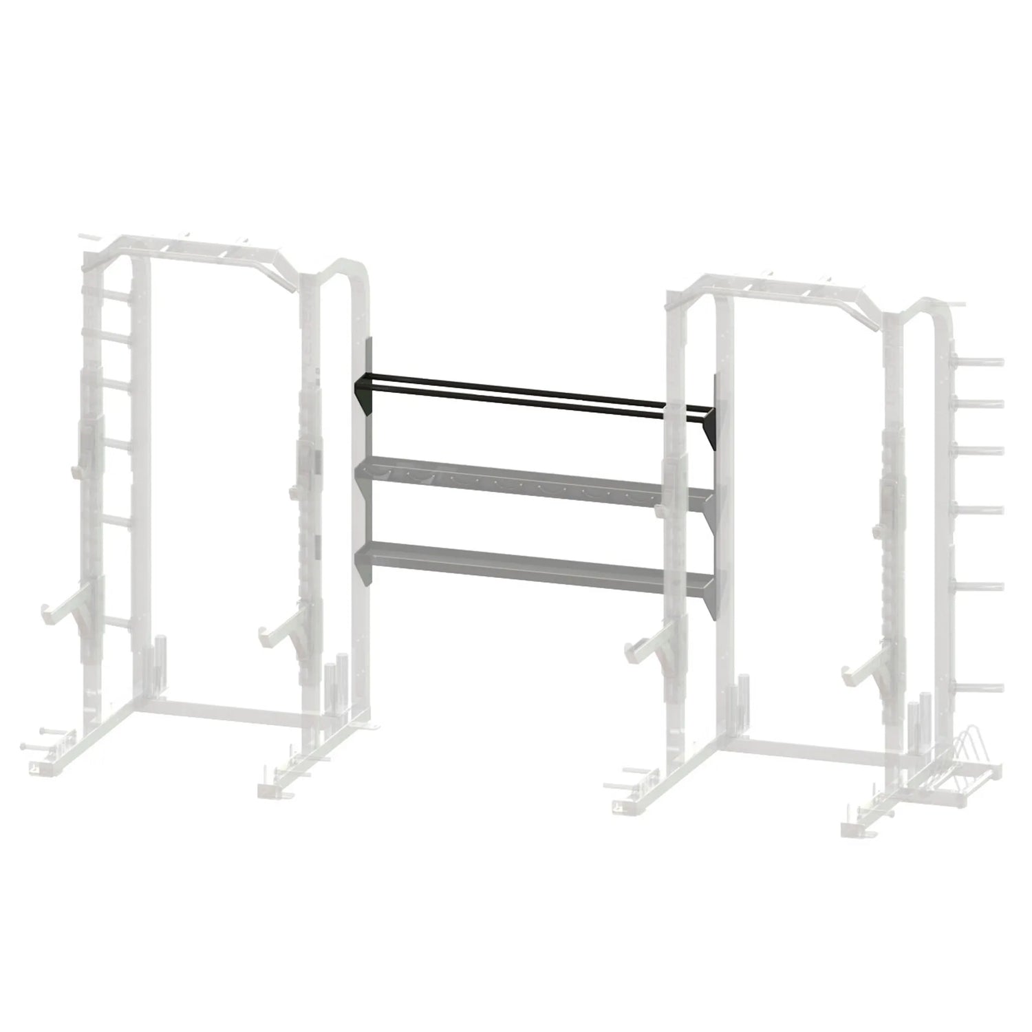 Black metal storage racks spanning between two grayed out squat racks on a white background