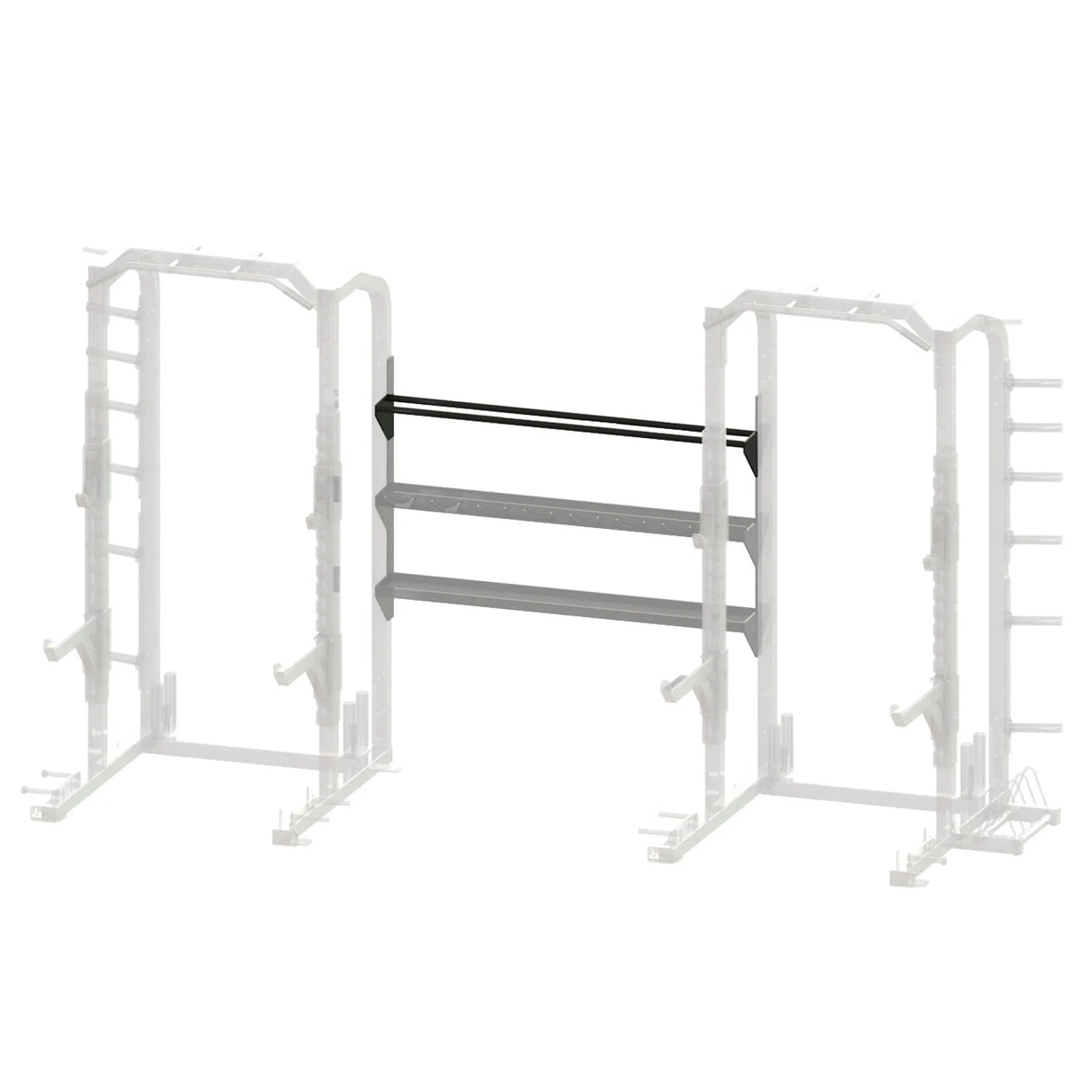 Black metal storage racks spanning between two grayed out squat racks on a white background