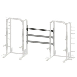 Black metal storage racks spanning between two grayed out squat racks on a white background