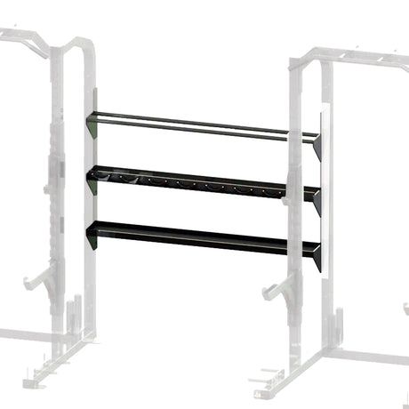 Black metal storage racks spanning between two grayed out squat racks on a white background