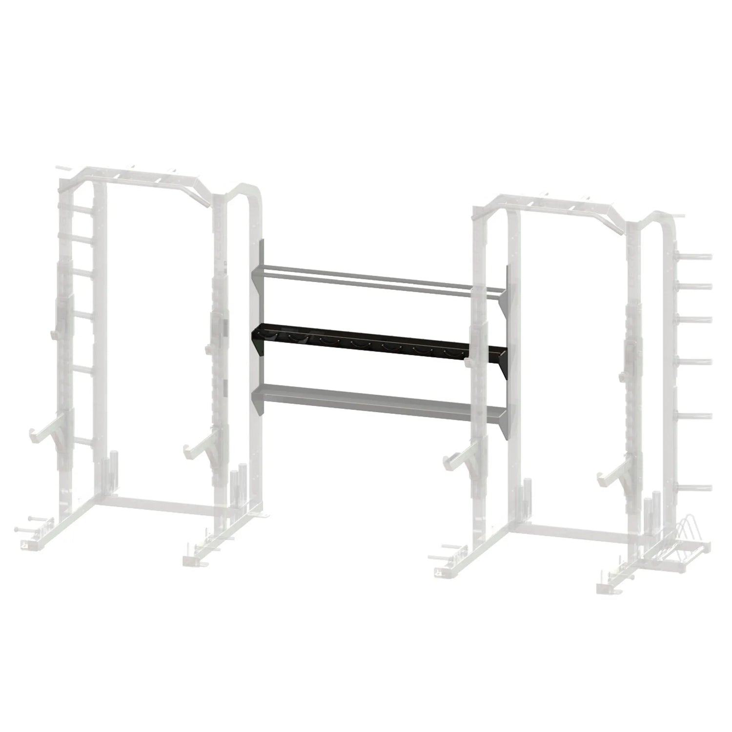 Black metal storage racks spanning between two grayed out squat racks on a white background