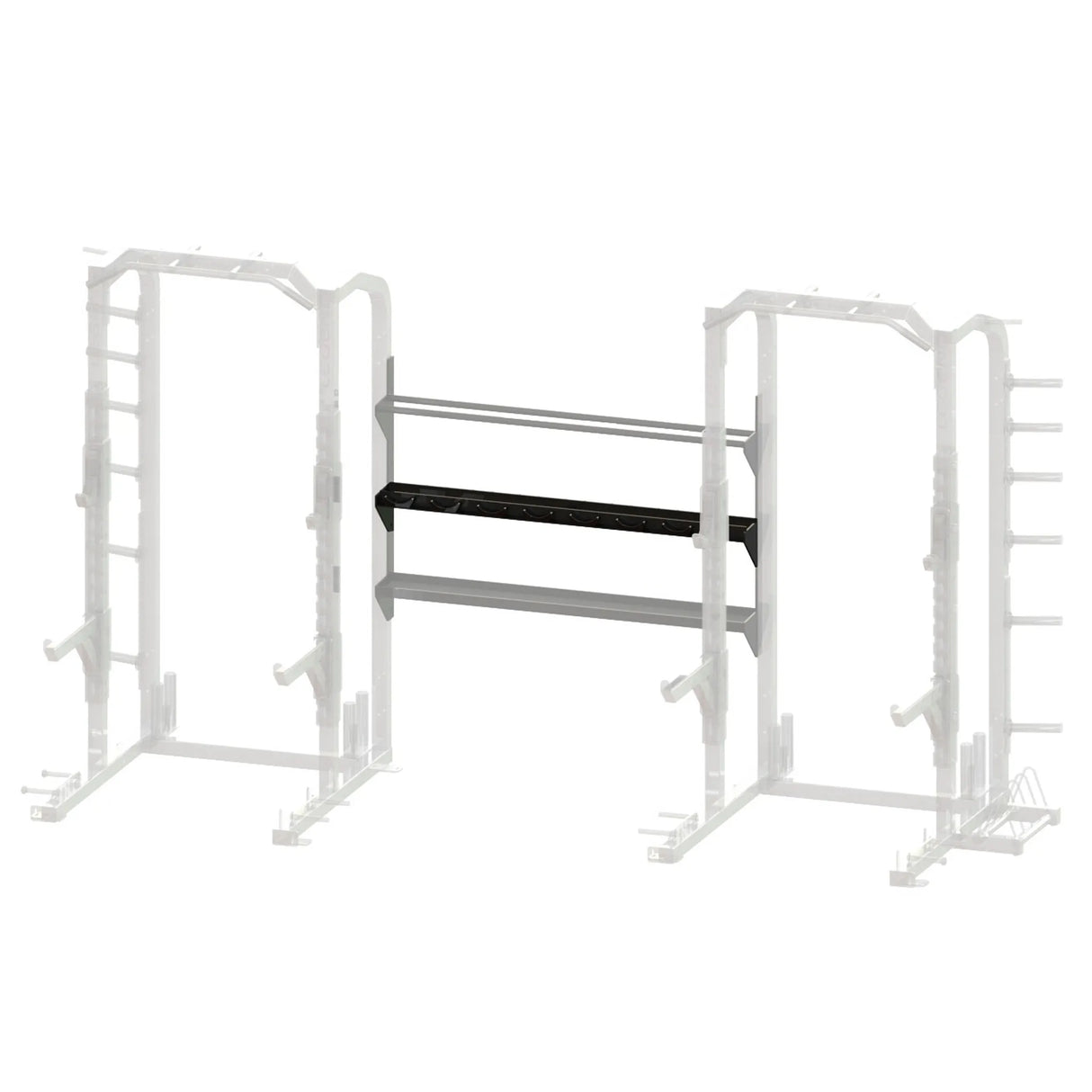Black metal storage racks spanning between two grayed out squat racks on a white background