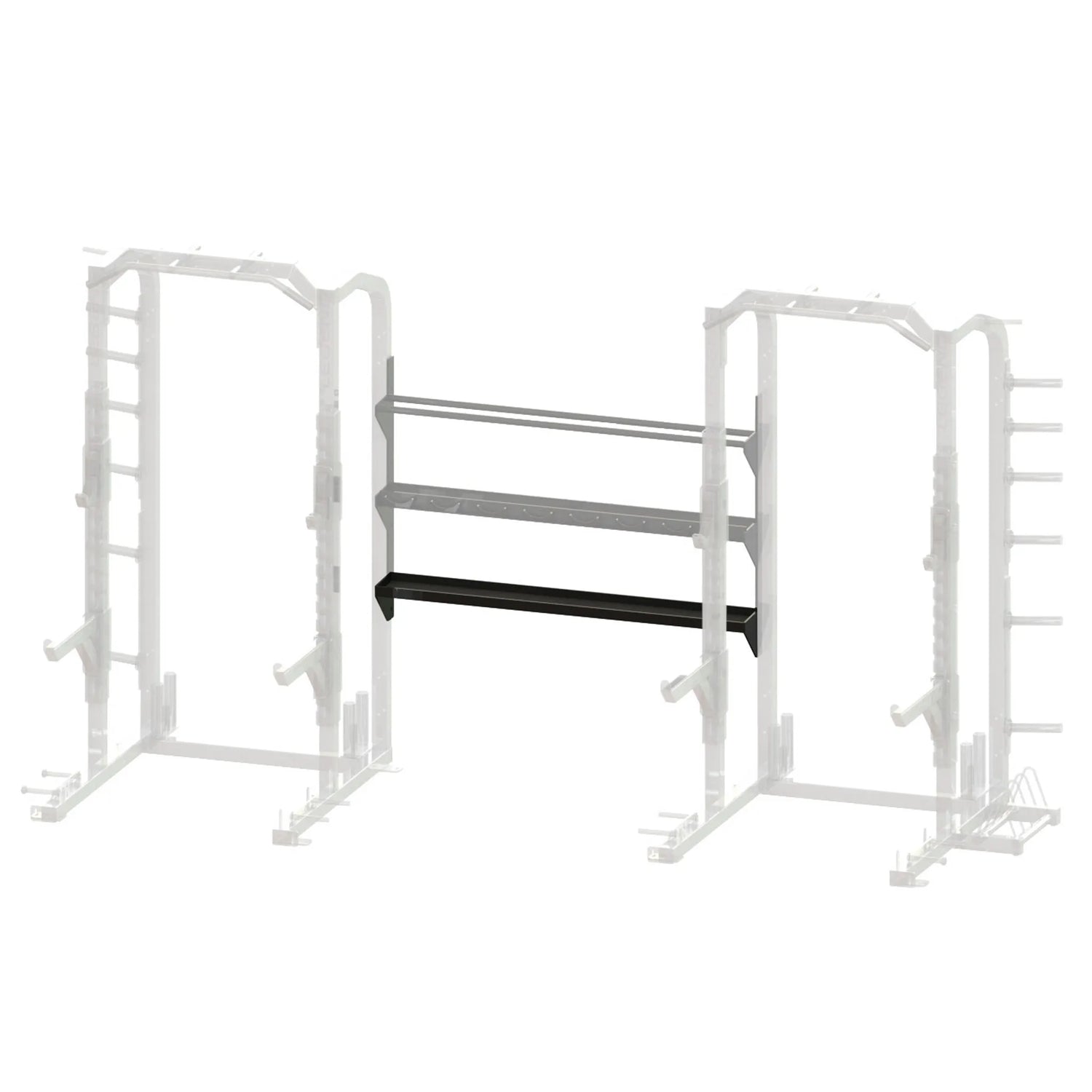 Black metal storage racks spanning between two grayed out squat racks on a white background