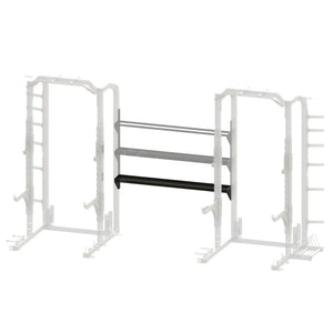 Black metal storage racks spanning between two grayed out squat racks on a white background