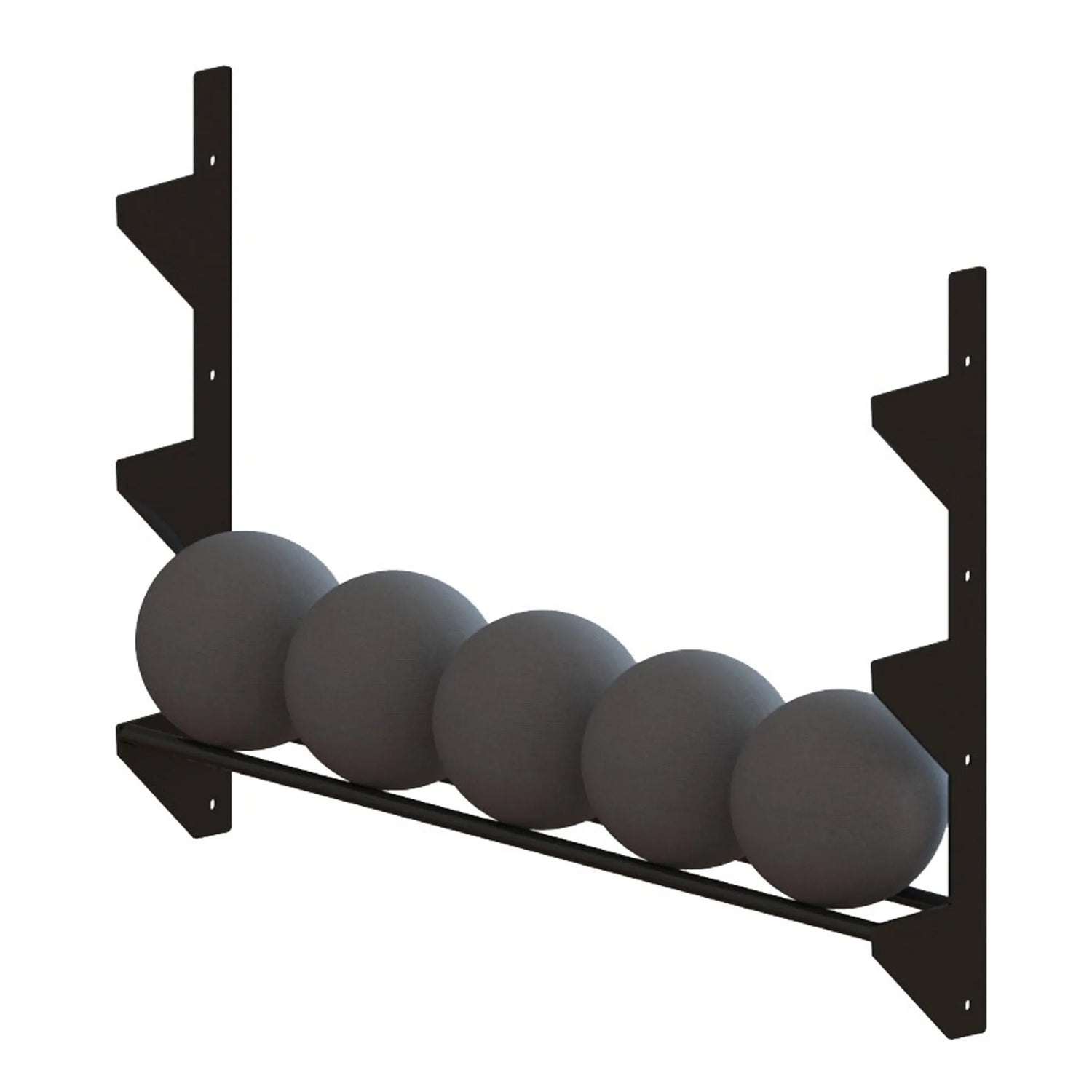 A black metal storage rack with medicine balls on it spanning between two vertical mounts