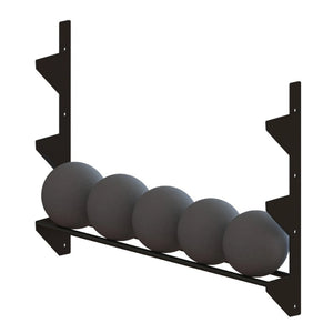 A black metal storage rack with medicine balls on it spanning between two vertical mounts