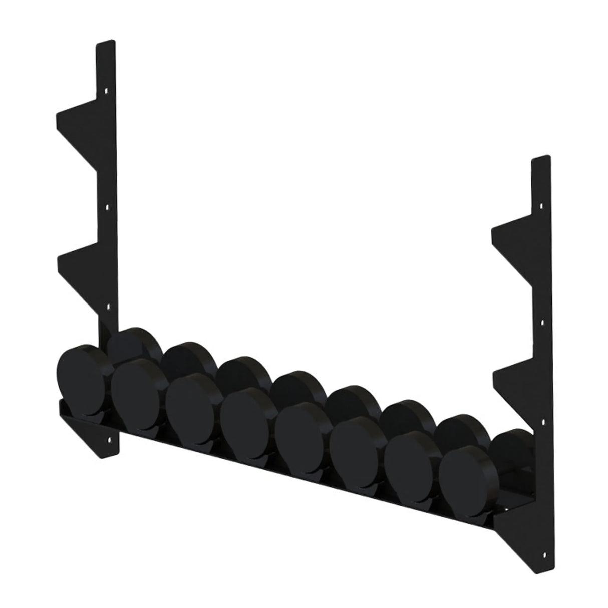 A black metal storage rack with dumbbells on it spanning between two vertical mounts