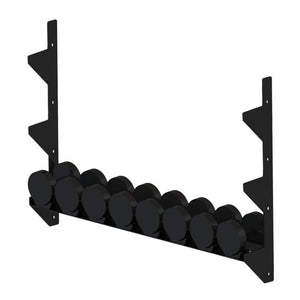 A black metal storage rack with dumbbells on it spanning between two vertical mounts