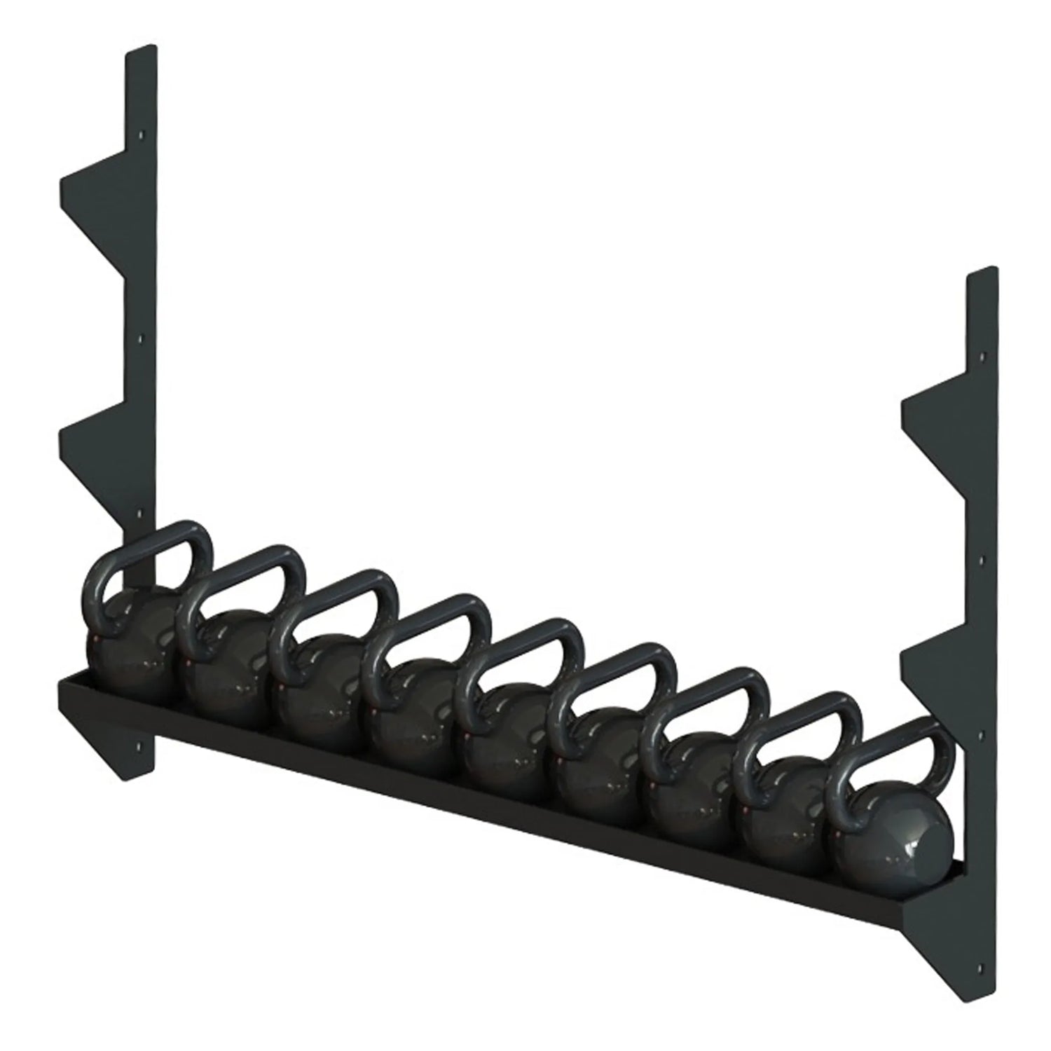 A black metal storage rack with kettlebells on it spanning between two vertical mounts