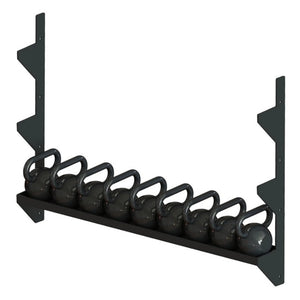 A black metal storage rack with kettlebells on it spanning between two vertical mounts