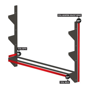 A black metal storage rack spanning between two vertical mounts with dimensions