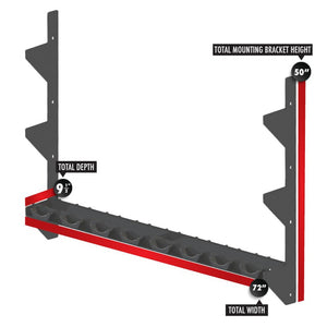 A black metal storage rack spanning between two vertical mounts with dimensions