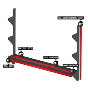 A black metal storage rack spanning between two vertical mounts with dimensions