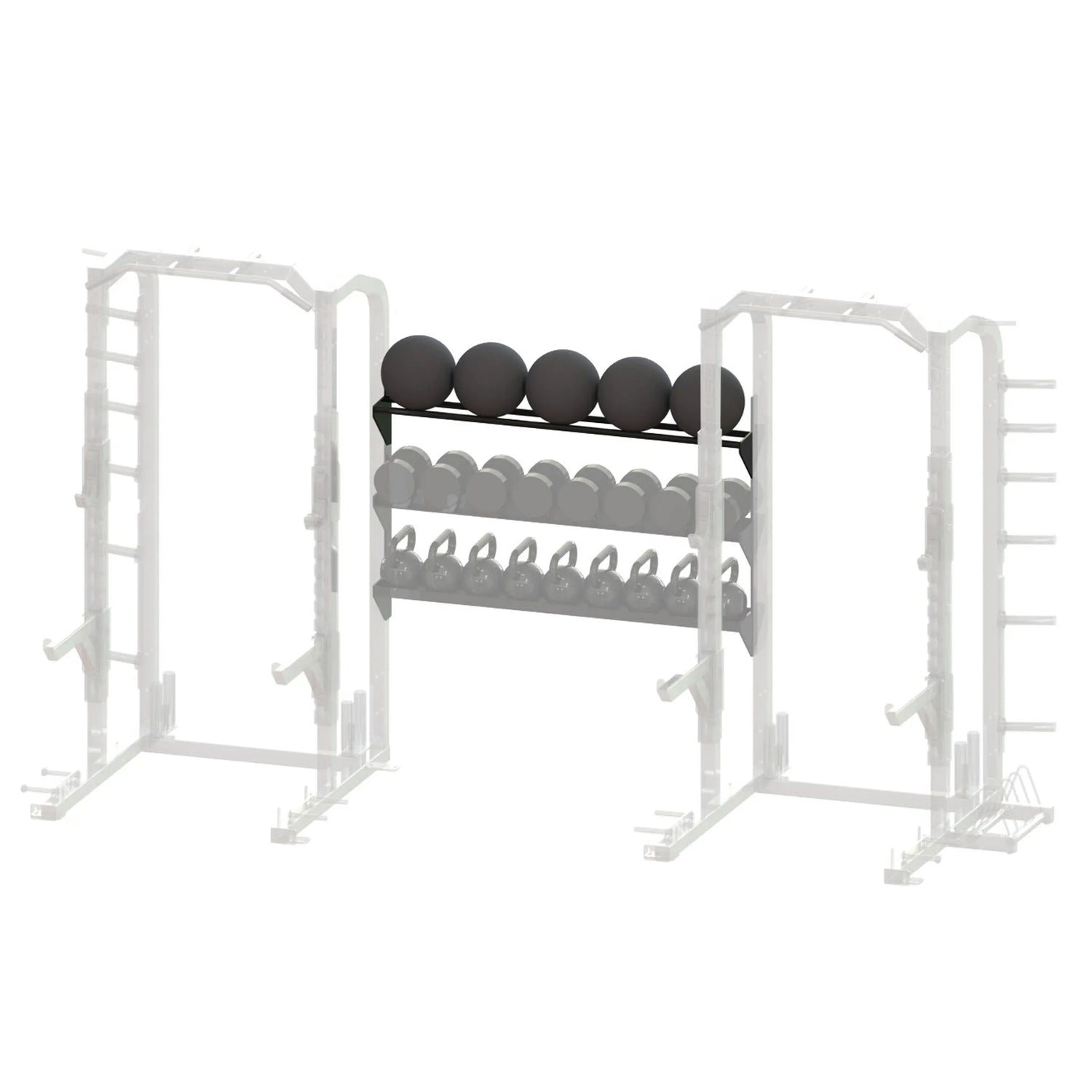 Black metal storage racks spanning between two grayed out squat racks on a white background