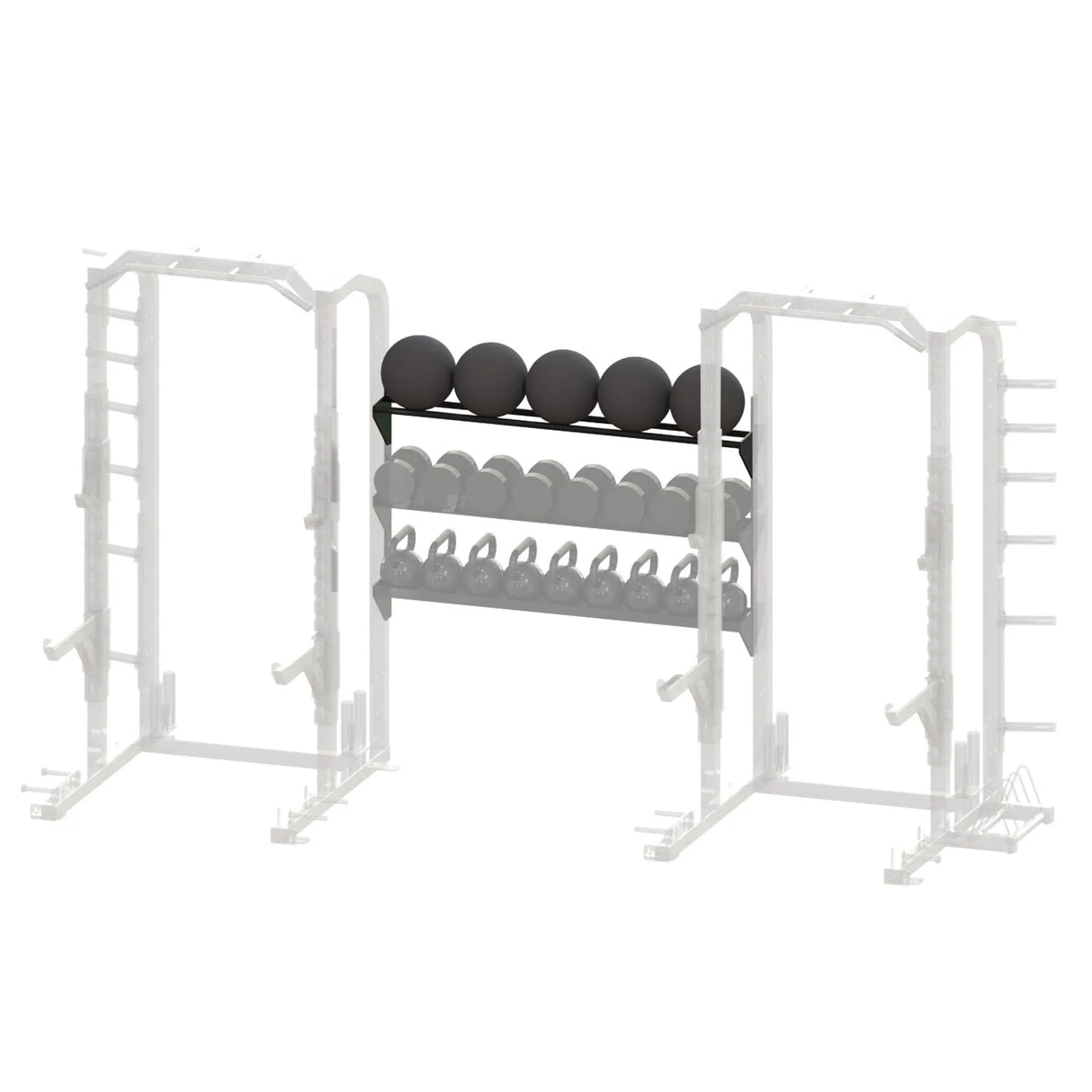Black metal storage racks spanning between two grayed out squat racks on a white background