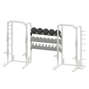 Black metal storage racks spanning between two grayed out squat racks on a white background