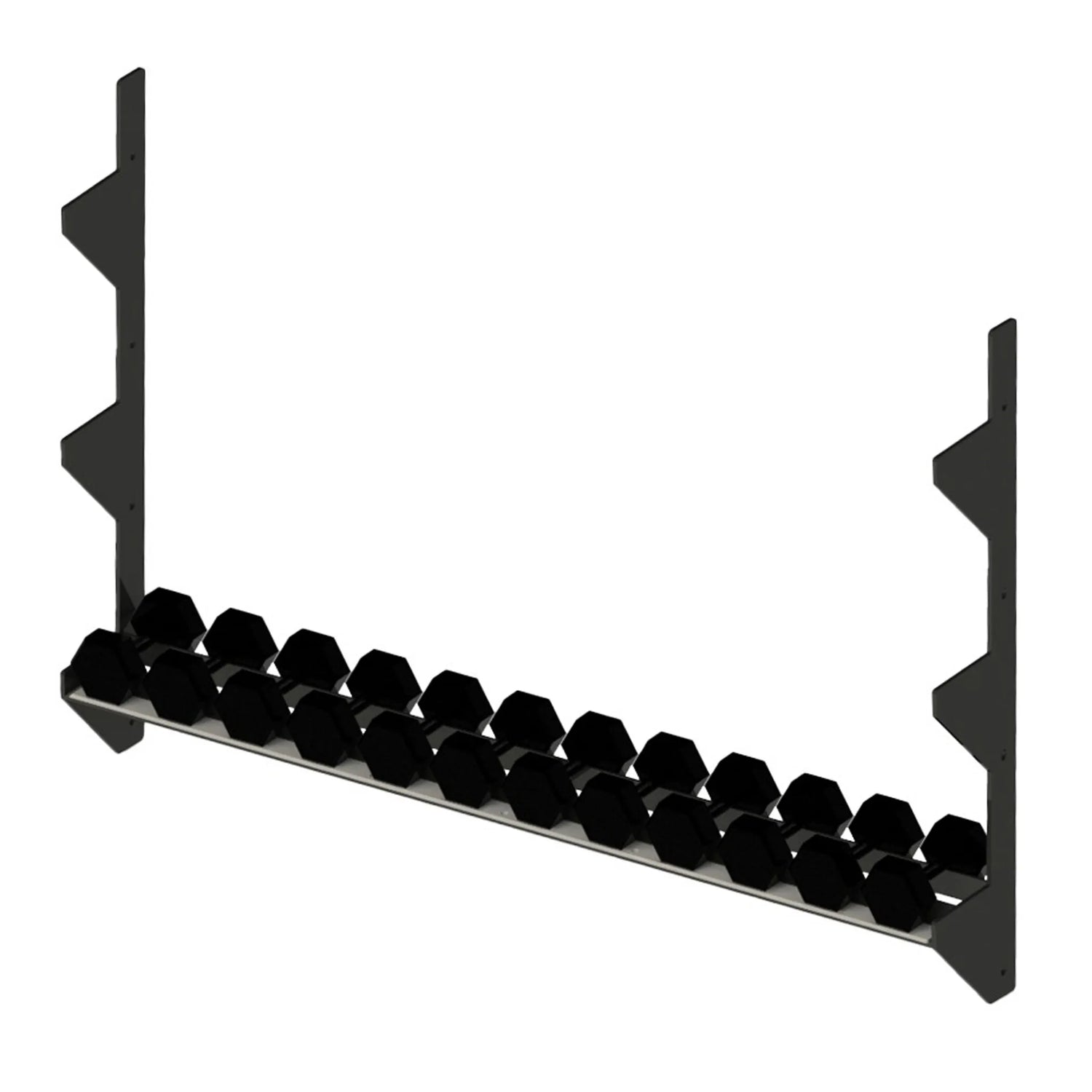 A black metal storage rack with dumbbells on it spanning between two vertical mounts