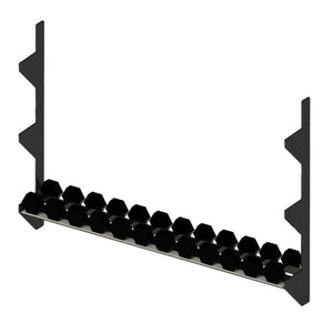 A black metal storage rack with dumbbells on it spanning between two vertical mounts