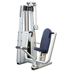 The Legend Fitness 900 Chest Press Machine by Legend Fitness features a padded seat and backrest, pushing handles, adjustable weight stack, and an instructional placard. It is mainly white with black and blue accents.