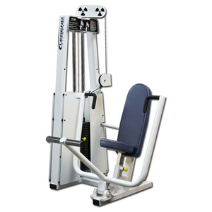The Legend Fitness 900 Chest Press Machine by Legend Fitness features a padded seat and backrest, pushing handles, adjustable weight stack, and an instructional placard. It is mainly white with black and blue accents.
