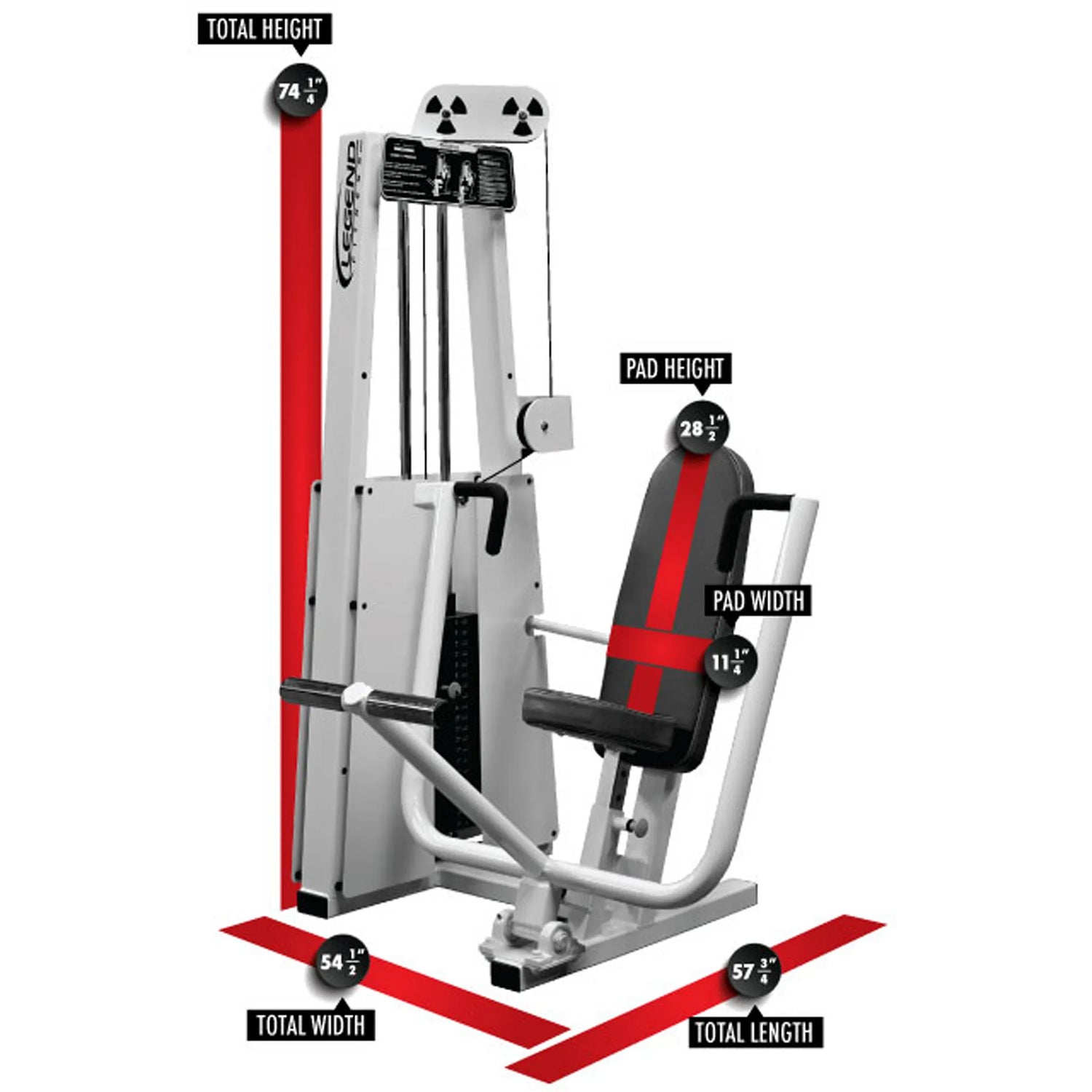 The Legend Fitness 900 Chest Press Machine by Legend Fitness features a seat, backrest, and arm handles. Dimensions: height 74.5", width 54.5", length 57.5", pad height 28.5", pad width 11.5".