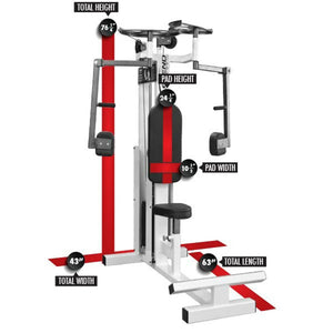 The Legend Fitness 901 Pec Deck Machine by Legend Fitness features labeled dimensions: total height 76.5”, pad height 24”, pad width 10.5”, total width 43”, and length 63”, all displayed on a white background.