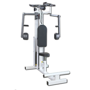 The Legend Fitness 901 Pec Deck Machine by Legend Fitness features a black and silver design with a padded seat and backrest, dual arm handles, and adjustable weights for chest and upper body workouts, shown against a plain white background.