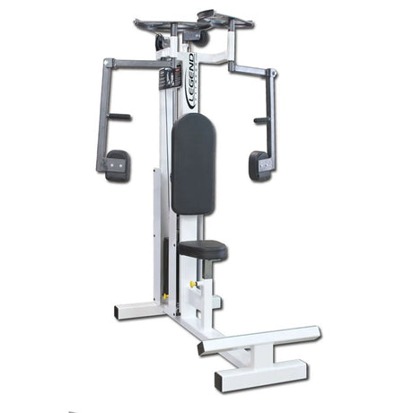 The Legend Fitness 901 Pec Deck Machine by Legend Fitness features a black and silver design with a padded seat and backrest, dual arm handles, and adjustable weights for chest and upper body workouts, shown against a plain white background.