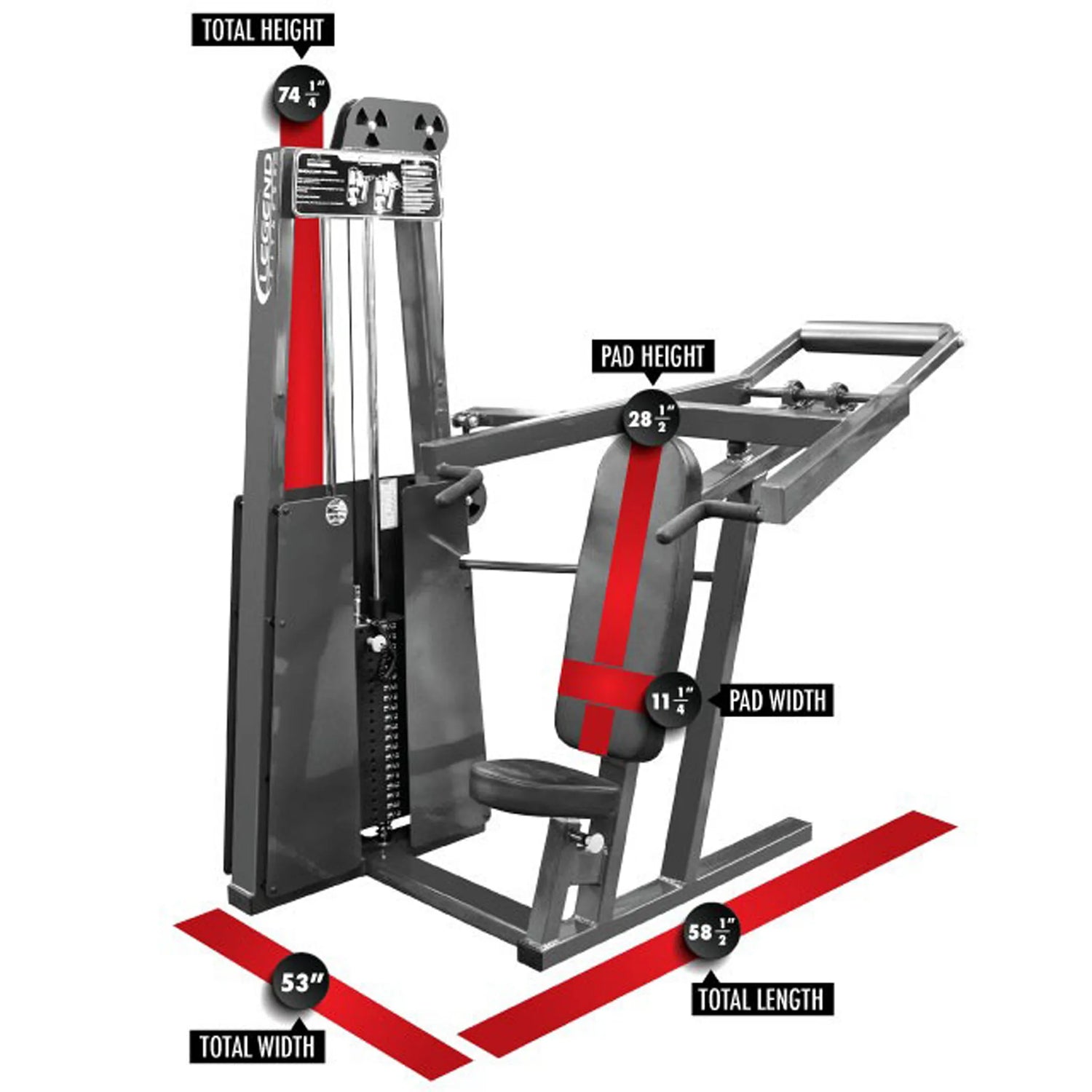 The Legend Fitness 902 Shoulder Press Machine by Legend Fitness is a black and silver strength machine with an adjustable seat, labeled with measurements: 74.5" height, 53" width, 58" length, pad height 28.5", pad width 11.5".
