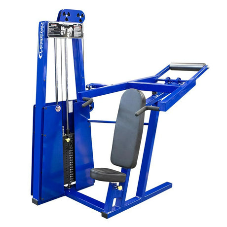 The Legend Fitness 902 Shoulder Press Machine by Legend Fitness features a blue and black padded seat and backrest, handles, weight stack, and instructional placard, designed for shoulder strength training exercises.