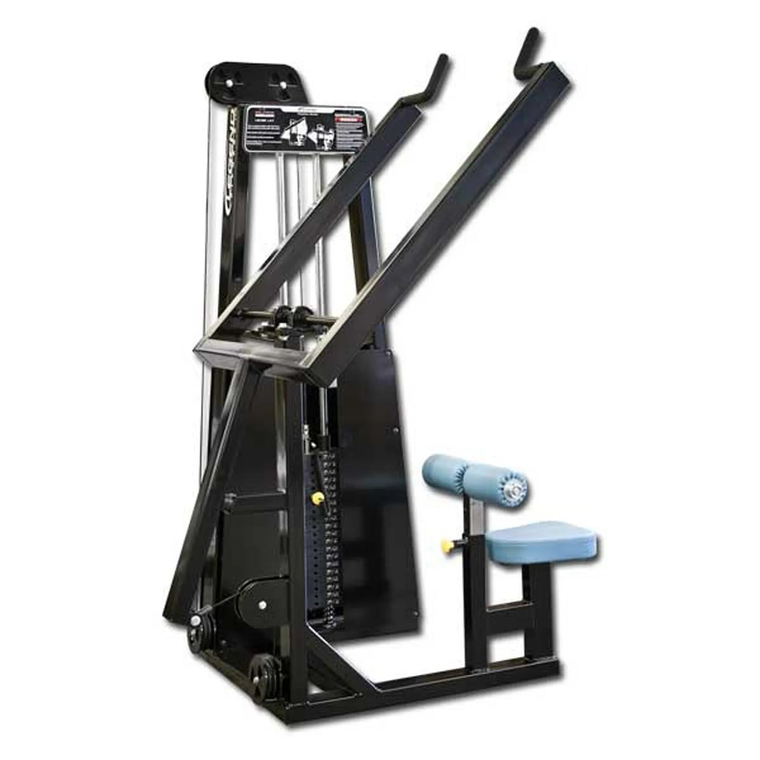 The Legend Fitness 903 Lever Lat Pulldown Machine by Legend Fitness features a black and blue seat, adjustable weights, padded leg rollers, and angled upper body handles, all shown against a plain white background.