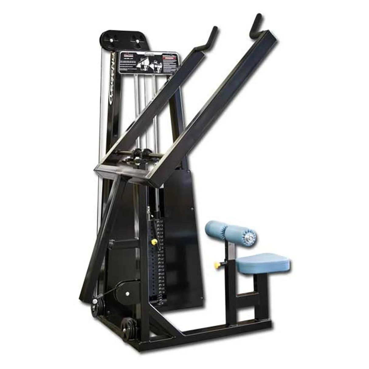 The Legend Fitness 903 Lever Lat Pulldown Machine by Legend Fitness features a black and blue seat, adjustable weights, padded leg rollers, and angled upper body handles, all shown against a plain white background.
