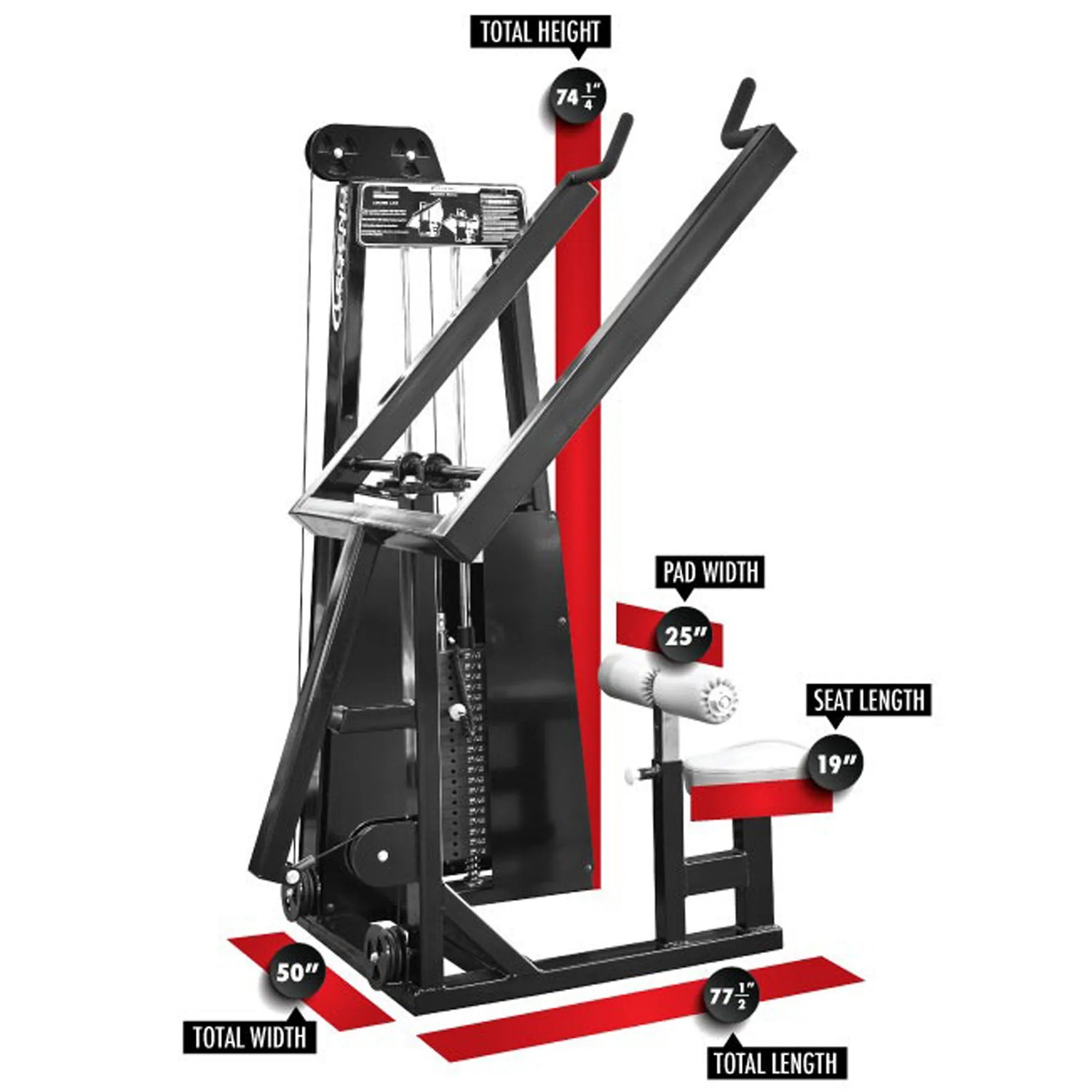 The Legend Fitness 903 Lever Lat Pulldown Machine by Legend Fitness features a black and red design, angled arms, padded seat, weight stack, and labeled dimensions: height 74.5", width 50", length 77.5", pad width 25", seat length 19".