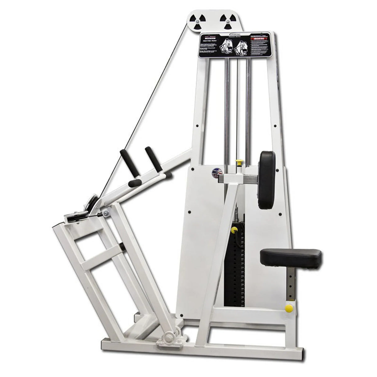 The Legend Fitness 904 Vertical Row Machine features a padded seat, chest pad, and handles for upper body workouts. It uses a cable and weight stack system with adjustment pins and instructional diagrams. Brand: Legend Fitness.
