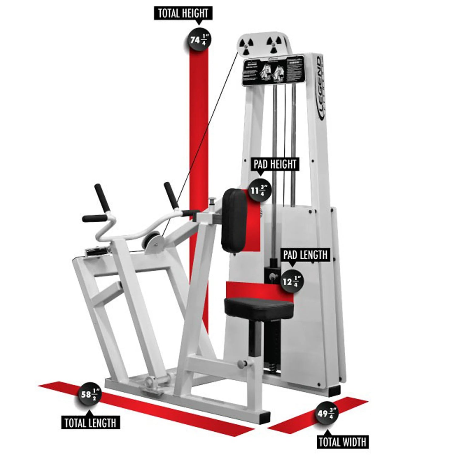 The Legend Fitness 904 Vertical Row Machine by Legend Fitness measures 74.5" high, 58.5" long, and 49.5" wide, with an 11.5" pad height and a 12" pad length; dimensions are marked with red and black graphics.