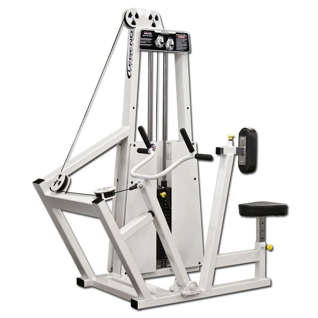 The Legend Fitness 904 Vertical Row Machine by Legend Fitness features a padded seat, chest support, dual handles, weight stack, and cable system for upper body strength training in the gym.