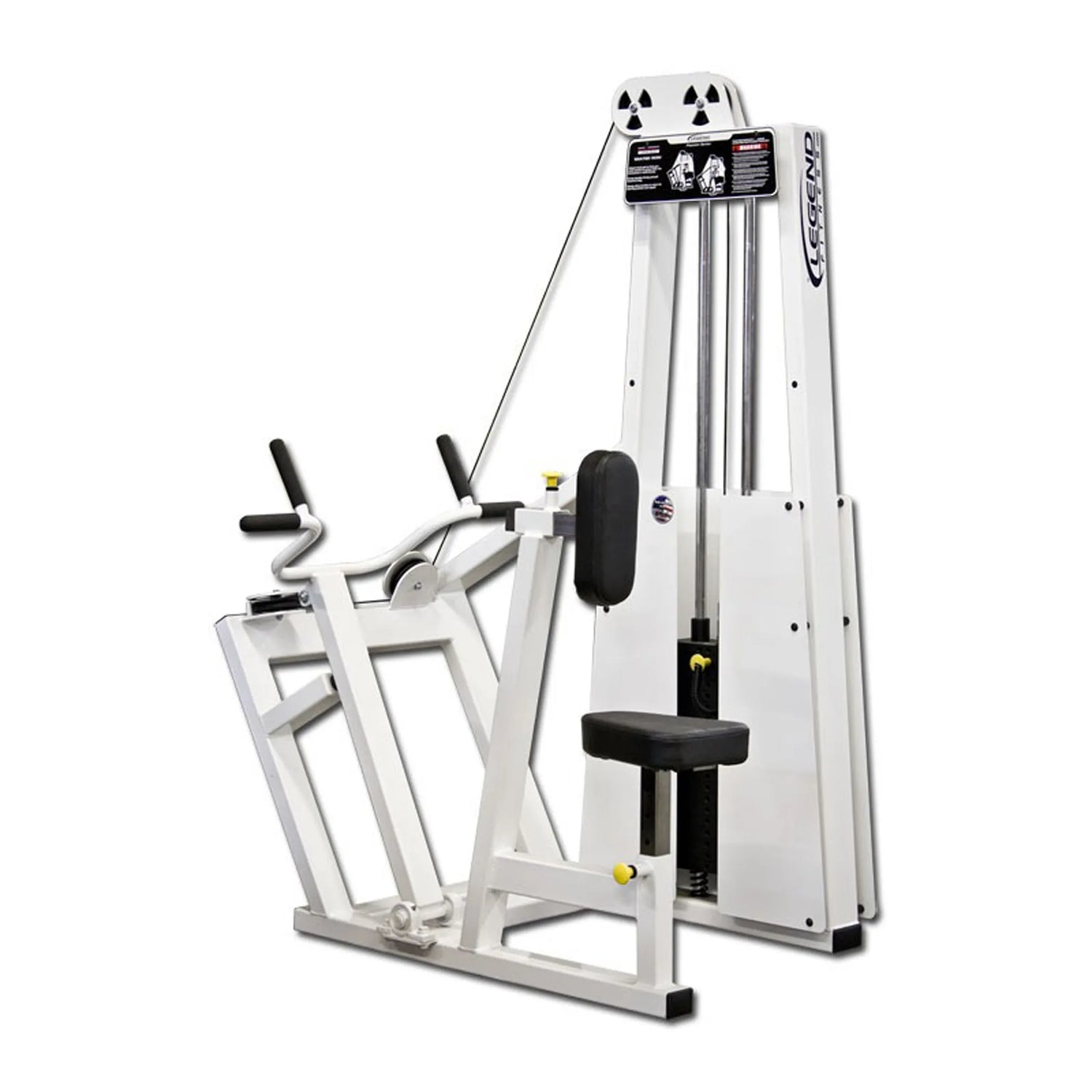 The Legend Fitness 904 Vertical Row Machine by Legend Fitness is a white, commercial-grade strength training machine with a padded seat, chest support, dual grips, and weight stack for gym use.